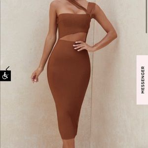 House of CB brown across the shoulder midi dress